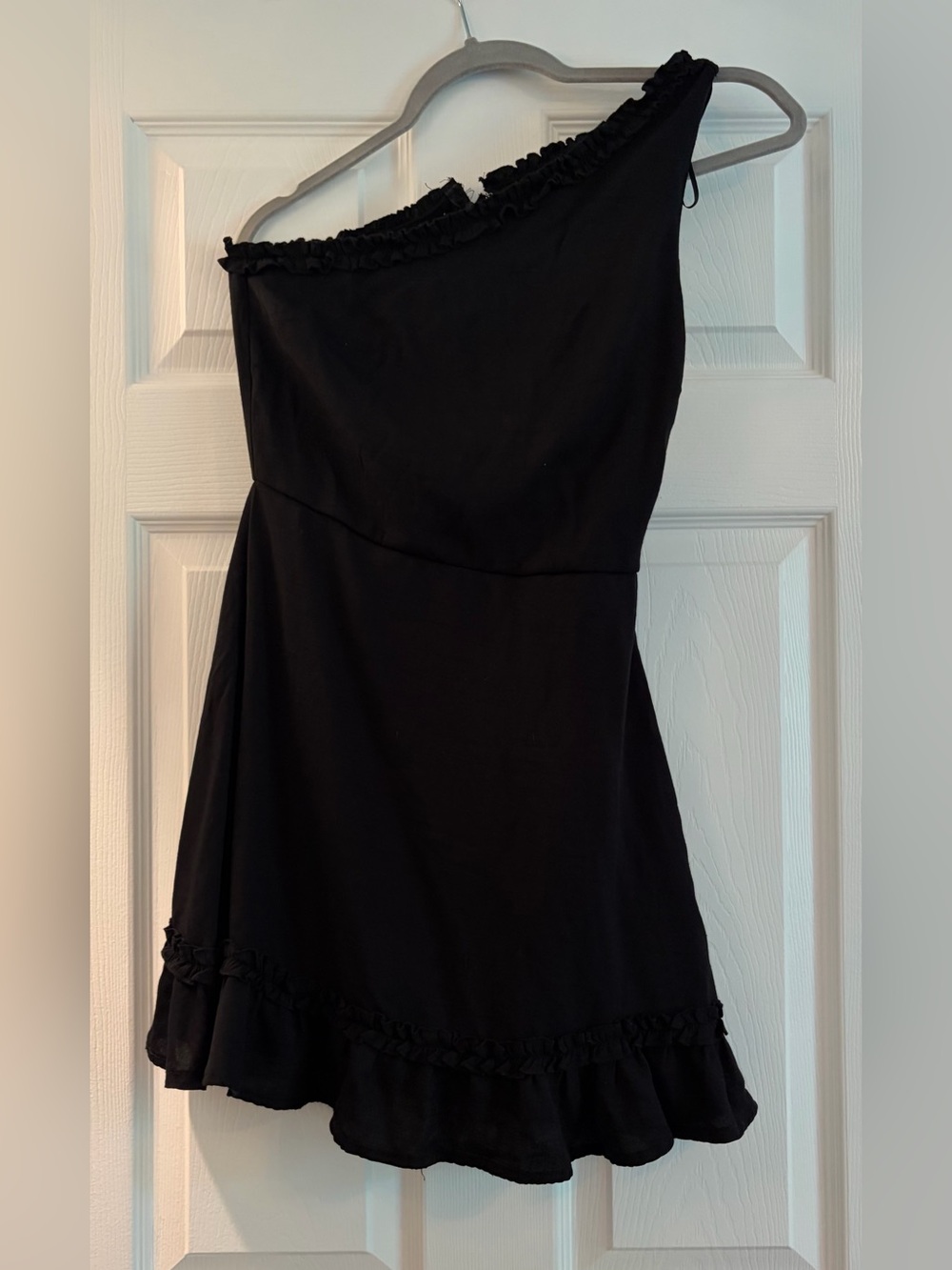 Blue Rain One-Shoulder Black Ruffle Hem Dress